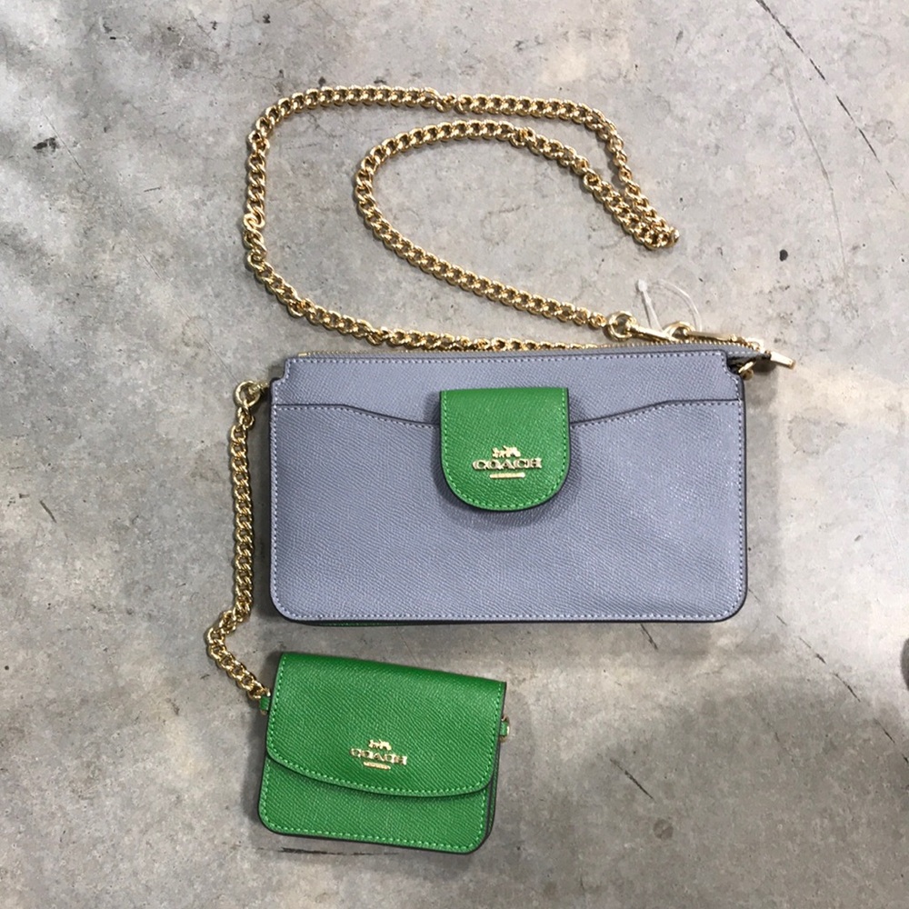 Coach Two-Tone Leather Chain Shoulder Bag and Wallet Grey and Green